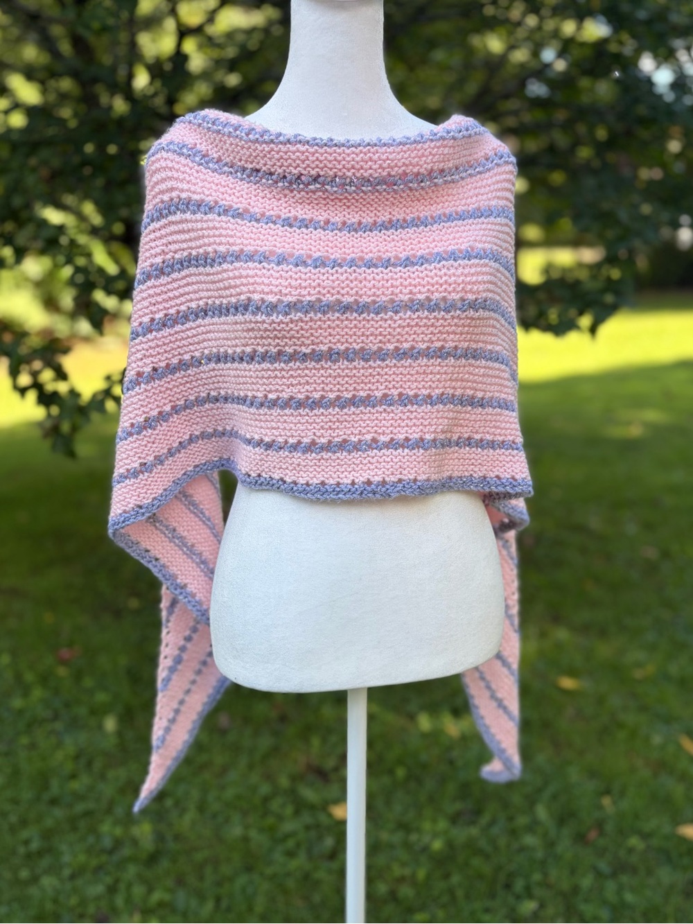 Bespoke Non-Wool Hand Knit Shawl Scarf With Striped Pink & Gray